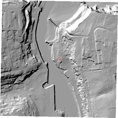 Shaded relief map of the ground around YO224BG, computed from Environment Agency LiDAR. The ground here sits at about 7 m above sea level and falls 64 m across the surrounding 800 m. Surface water reaching this point runs off ground lying to the north-north-east, 3.9 m higher.