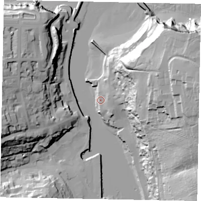 Shaded relief map of the ground around YO224DB, computed from Environment Agency LiDAR. The ground here sits at about 5 m above sea level and falls 64 m across the surrounding 800 m. Surface water reaching this point runs off ground lying to the east-north-east, 13.6 m higher.