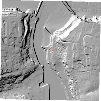 Shaded relief map of the ground around YO224DD, computed from Environment Agency LiDAR. The ground here sits at about 6 m above sea level and falls 63 m across the surrounding 800 m. Surface water reaching this point runs off ground lying to the east-north-east, 45.0 m higher.