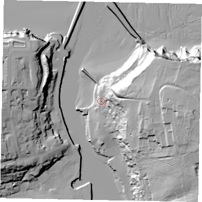 Shaded relief map of the ground around YO224DE, computed from Environment Agency LiDAR. The ground here sits at about 10 m above sea level and falls 64 m across the surrounding 800 m. Surface water reaching this point runs off ground lying to the east-north-east, 54.1 m higher.