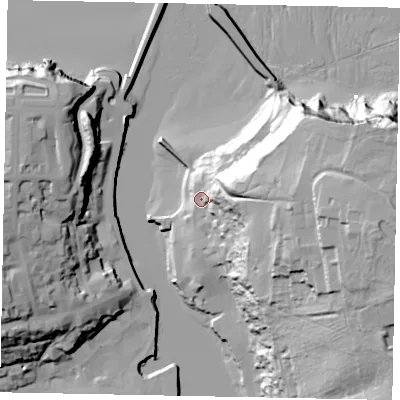 Shaded relief map of the ground around YO224DG, computed from Environment Agency LiDAR. The ground here sits at about 10 m above sea level and falls 64 m across the surrounding 800 m. Surface water reaching this point runs off ground lying to the east-north-east, 55.0 m higher.
