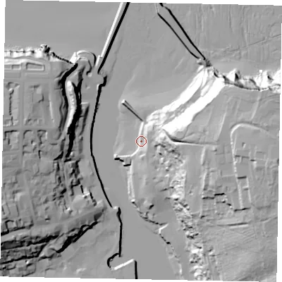 Shaded relief map of the ground around YO224DH, computed from Environment Agency LiDAR. The ground here sits at about 5 m above sea level and falls 63 m across the surrounding 800 m. Surface water reaching this point runs off ground lying to the east-north-east, 60.5 m higher.