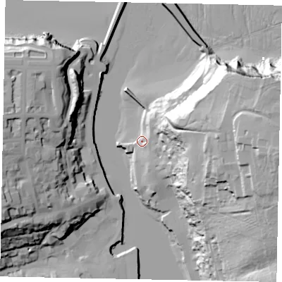 Shaded relief map of the ground around YO224DJ, computed from Environment Agency LiDAR. The ground here sits at about 5 m above sea level and falls 63 m across the surrounding 800 m. Surface water reaching this point runs off ground lying to the east, 45.2 m higher.