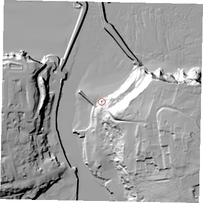 Shaded relief map of the ground around YO224DN, computed from Environment Agency LiDAR. The ground here sits at about 6 m above sea level and falls 64 m across the surrounding 800 m. Surface water reaching this point runs off ground lying to the south-south-east, 17.9 m higher.
