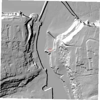 Shaded relief map of the ground around YO224DX, computed from Environment Agency LiDAR. The ground here sits at about 1 m above sea level and falls 63 m across the surrounding 800 m. Surface water reaching this point runs off ground lying to the east, 46.7 m higher.