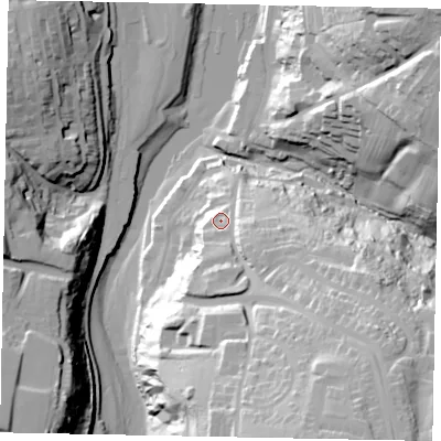 Shaded relief map of the ground around YO224EF, computed from Environment Agency LiDAR. The ground here sits at about 17 m above sea level and falls 56 m across the surrounding 800 m. Surface water reaching this point runs off ground lying to the south-east, 28.8 m higher.