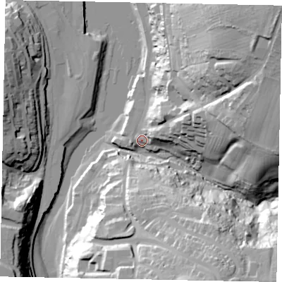 Shaded relief map of the ground around YO224EG, computed from Environment Agency LiDAR. The ground here sits at about 6 m above sea level and falls 55 m across the surrounding 800 m. Surface water reaching this point runs off ground lying to the east-north-east, 9.8 m higher.