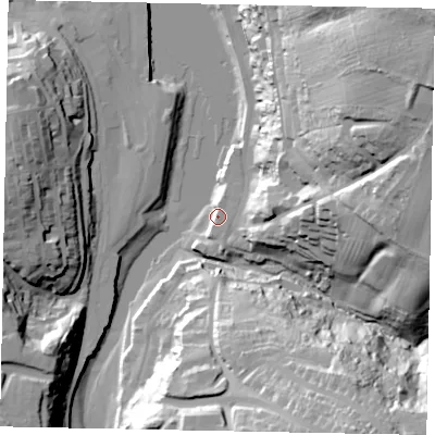 Shaded relief map of the ground around YO224EW, computed from Environment Agency LiDAR. The ground here sits at about 5 m above sea level and falls 56 m across the surrounding 800 m. Surface water reaching this point runs off ground lying to the east, 30.0 m higher.