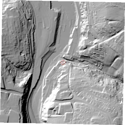 Shaded relief map of the ground around YO224FD, computed from Environment Agency LiDAR. The ground here sits at about 4 m above sea level and falls 51 m across the surrounding 800 m. Surface water reaching this point runs off ground lying to the south-east, 46.4 m higher.