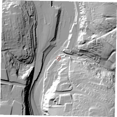 Shaded relief map of the ground around YO224FE, computed from Environment Agency LiDAR. The ground here sits at about 5 m above sea level and falls 52 m across the surrounding 800 m. Surface water reaching this point runs off ground lying to the south-east, 15.2 m higher.