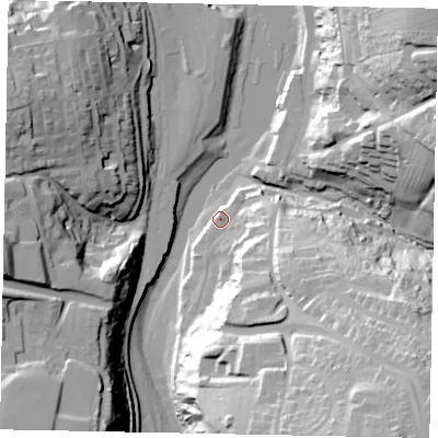 Shaded relief map of the ground around YO224FF, computed from Environment Agency LiDAR. The ground here sits at about 5 m above sea level and falls 54 m across the surrounding 800 m. Surface water reaching this point runs off ground lying to the east-south-east, 13.8 m higher.