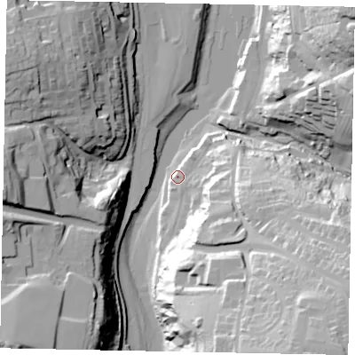 Shaded relief map of the ground around YO224FG, computed from Environment Agency LiDAR. The ground here sits at about 5 m above sea level and falls 55 m across the surrounding 800 m. Surface water reaching this point runs off ground lying to the south-east, 29.2 m higher.