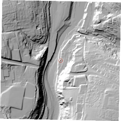 Shaded relief map of the ground around YO224FJ, computed from Environment Agency LiDAR. The ground here sits at about 5 m above sea level and falls 58 m across the surrounding 800 m. Surface water reaching this point runs off ground lying to the east-south-east, 27.6 m higher.