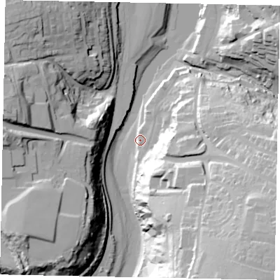 Shaded relief map of the ground around YO224FL, computed from Environment Agency LiDAR. The ground here sits at about 4 m above sea level and falls 60 m across the surrounding 800 m. Surface water reaching this point runs off ground lying to the south-east, 53.3 m higher.