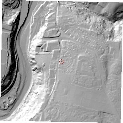 Shaded relief map of the ground around YO224JE, computed from Environment Agency LiDAR. The ground here sits at about 42 m above sea level and falls 67 m across the surrounding 800 m. Surface water reaching this point runs off ground lying to the south-south-east, 23.2 m higher.