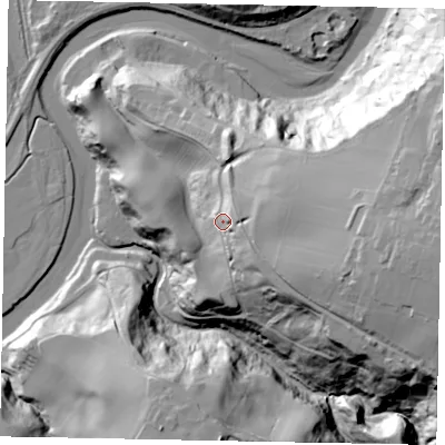 Shaded relief map of the ground around YO224NE, computed from Environment Agency LiDAR. The ground here sits at about 33 m above sea level and falls 67 m across the surrounding 800 m. Surface water reaching this point runs off ground lying to the east, 38.3 m higher.
