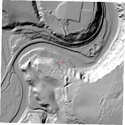 Shaded relief map of the ground around YO224NY, computed from Environment Agency LiDAR. The ground here sits at about 5 m above sea level and falls 68 m across the surrounding 800 m. Surface water reaching this point runs off ground lying to the south-east, 42.2 m higher.
