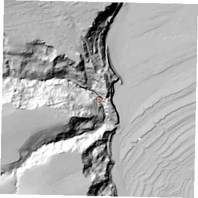 Shaded relief map of the ground around YO224SF, computed from Environment Agency LiDAR. The ground here sits at about 9 m above sea level and falls 64 m across the surrounding 800 m. Surface water reaching this point runs off ground lying to the north-west, 54.6 m higher.