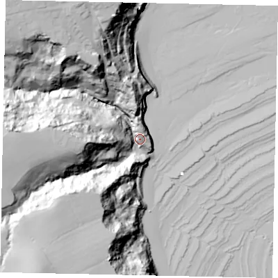 Shaded relief map of the ground around YO224SH, computed from Environment Agency LiDAR. The ground here sits at about 13 m above sea level and falls 59 m across the surrounding 800 m. Surface water reaching this point runs off ground lying to the north-west, 50.6 m higher.