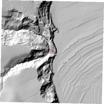 Shaded relief map of the ground around YO224SJ, computed from Environment Agency LiDAR. The ground here sits at about 7 m above sea level and falls 59 m across the surrounding 800 m. Surface water reaching this point runs off ground lying to the north-west, 51.0 m higher.