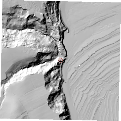 Shaded relief map of the ground around YO224SN, computed from Environment Agency LiDAR. The ground here sits at about 15 m above sea level and falls 59 m across the surrounding 800 m. Surface water reaching this point runs off ground lying to the west-south-west, 16.7 m higher.