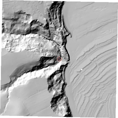 Shaded relief map of the ground around YO224SP, computed from Environment Agency LiDAR. The ground here sits at about 12 m above sea level and falls 59 m across the surrounding 800 m. Surface water reaching this point runs off ground lying to the north-west, 49.8 m higher.