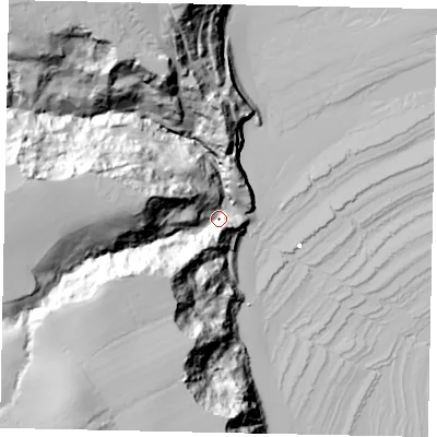 Shaded relief map of the ground around YO224SW, computed from Environment Agency LiDAR. The ground here sits at about 10 m above sea level and falls 59 m across the surrounding 800 m. Surface water reaching this point runs off ground lying to the south-west, 49.1 m higher.