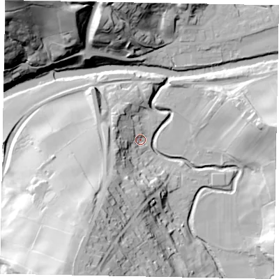 Shaded relief map of the ground around YO225AD, computed from Environment Agency LiDAR. The ground here sits at about 9 m above sea level and falls 62 m across the surrounding 800 m. Surface water reaching this point runs off ground lying to the south-west, 28.7 m higher.