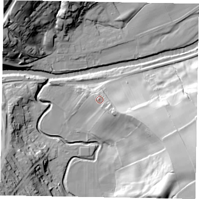 Shaded relief map of the ground around YO225AE, computed from Environment Agency LiDAR. The ground here sits at about 23 m above sea level and falls 61 m across the surrounding 800 m. Surface water reaching this point runs off ground lying to the south-east, 3.6 m higher.