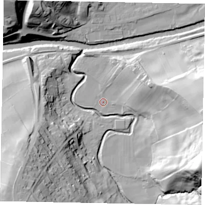 Shaded relief map of the ground around YO225AF, computed from Environment Agency LiDAR. The ground here sits at about 8 m above sea level and falls 54 m across the surrounding 800 m. Surface water reaching this point runs off ground lying to the east-north-east, 22.1 m higher.