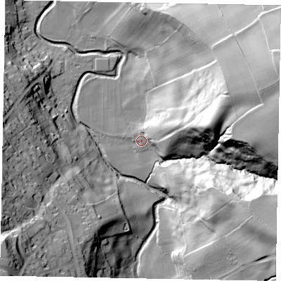 Shaded relief map of the ground around YO225AJ, computed from Environment Agency LiDAR. The ground here sits at about 14 m above sea level and falls 65 m across the surrounding 800 m. Surface water reaching this point runs off ground lying to the east-north-east, 26.3 m higher.