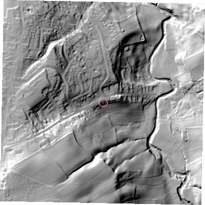 Shaded relief map of the ground around YO225DP, computed from Environment Agency LiDAR. The ground here sits at about 40 m above sea level and falls 78 m across the surrounding 800 m. Surface water reaching this point runs off ground lying to the south-west, 46.0 m higher.