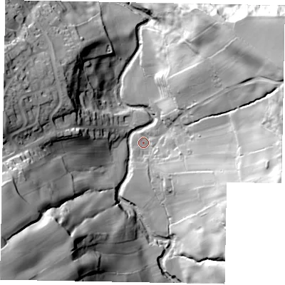 Shaded relief map of the ground around YO225DX, computed from Environment Agency LiDAR. The ground here sits at about 17 m above sea level and falls 72 m across the surrounding 800 m. Surface water reaching this point runs off ground lying to the east-north-east, 56.3 m higher.