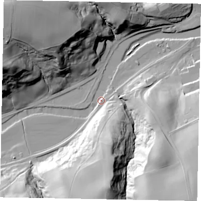 Shaded relief map of the ground around YO225HN, computed from Environment Agency LiDAR. The ground here sits at about 6 m above sea level and falls 57 m across the surrounding 800 m. Surface water reaching this point runs off ground lying to the south, 23.3 m higher.