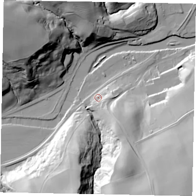 Shaded relief map of the ground around YO225JA, computed from Environment Agency LiDAR. The ground here sits at about 10 m above sea level and falls 57 m across the surrounding 800 m. Surface water reaching this point runs off ground lying to the south-south-west, 47.6 m higher.