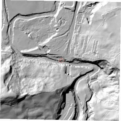 Shaded relief map of the ground around YO225QF, computed from Environment Agency LiDAR. The ground here sits at about 29 m above sea level and falls 74 m across the surrounding 800 m. Surface water reaching this point runs off ground lying to the south-east, 70.7 m higher.