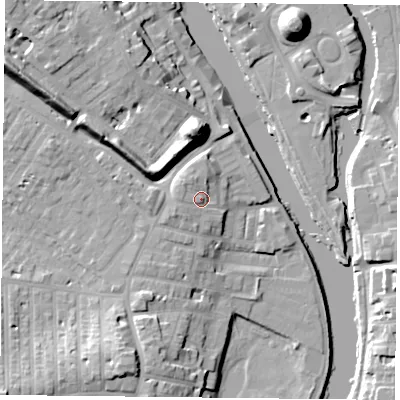Shaded relief map of the ground around YO231AN, computed from Environment Agency LiDAR. The ground here sits at about 14 m above sea level and falls 19 m across the surrounding 800 m. Surface water reaching this point runs off ground lying to the north-west, 2.5 m higher.