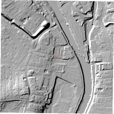 Shaded relief map of the ground around YO231AR, computed from Environment Agency LiDAR. The ground here sits at about 10 m above sea level and falls 19 m across the surrounding 800 m. Surface water reaching this point runs off ground lying to the west-north-west, 5.2 m higher.