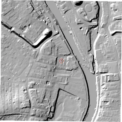Shaded relief map of the ground around YO231AS, computed from Environment Agency LiDAR. The ground here sits at about 10 m above sea level and falls 19 m across the surrounding 800 m. Surface water reaching this point runs off ground lying to the west, 5.5 m higher.