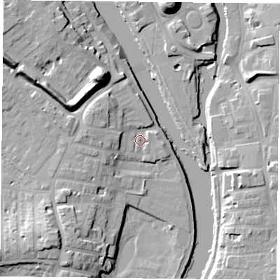 Shaded relief map of the ground around YO231AT, computed from Environment Agency LiDAR. The ground here sits at about 10 m above sea level and falls 19 m across the surrounding 800 m. Surface water reaching this point runs off ground lying to the west, 5.9 m higher.