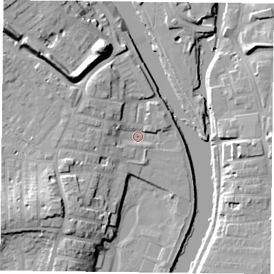 Shaded relief map of the ground around YO231AY, computed from Environment Agency LiDAR. The ground here sits at about 9 m above sea level and falls 19 m across the surrounding 800 m. Surface water reaching this point runs off ground lying to the west, 5.7 m higher.