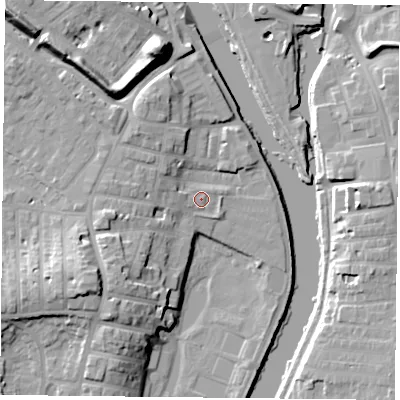 Shaded relief map of the ground around YO231AZ, computed from Environment Agency LiDAR. The ground here sits at about 10 m above sea level and falls 19 m across the surrounding 800 m. Surface water reaching this point runs off ground lying to the south-west, 11.6 m higher.