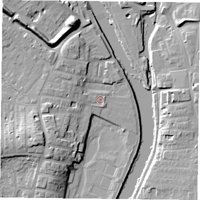 Shaded relief map of the ground around YO231BA, computed from Environment Agency LiDAR. The ground here sits at about 10 m above sea level and falls 19 m across the surrounding 800 m. Surface water reaching this point runs off ground lying to the west-south-west, 11.6 m higher.
