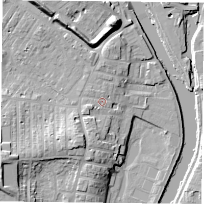 Shaded relief map of the ground around YO231BB, computed from Environment Agency LiDAR. The ground here sits at about 13 m above sea level and falls 19 m across the surrounding 800 m. Surface water reaching this point runs off ground lying to the south-south-west, 8.0 m higher.