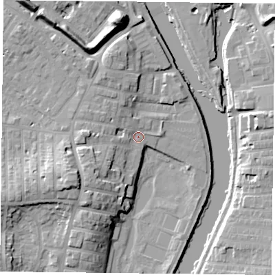 Shaded relief map of the ground around YO231BD, computed from Environment Agency LiDAR. The ground here sits at about 10 m above sea level and falls 19 m across the surrounding 800 m. Surface water reaching this point runs off ground lying to the west-south-west, 11.0 m higher.