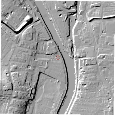 Shaded relief map of the ground around YO231FG, computed from Environment Agency LiDAR. The ground here sits at about 9 m above sea level and falls 19 m across the surrounding 800 m. Surface water reaching this point runs off ground lying to the west-south-west, 12.6 m higher.