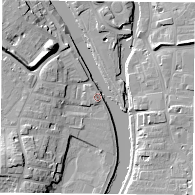 Shaded relief map of the ground around YO231JE, computed from Environment Agency LiDAR. The ground here sits at about 10 m above sea level and falls 19 m across the surrounding 800 m. Surface water reaching this point runs off ground lying to the south-west, 15.9 m higher.