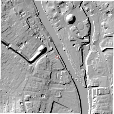 Shaded relief map of the ground around YO231JF, computed from Environment Agency LiDAR. The ground here sits at about 10 m above sea level and falls 19 m across the surrounding 800 m. Surface water reaching this point runs off ground lying to the south-south-west, 15.5 m higher.