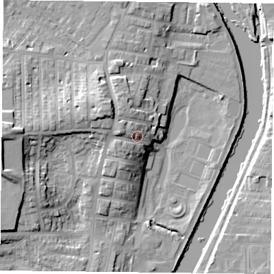 Shaded relief map of the ground around YO231JU, computed from Environment Agency LiDAR. The ground here sits at about 16 m above sea level and falls 19 m across the surrounding 800 m. Surface water reaching this point runs off ground lying to the west-north-west, 5.0 m higher.