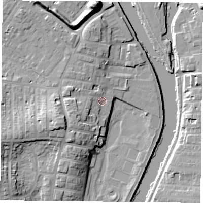 Shaded relief map of the ground around YO231JW, computed from Environment Agency LiDAR. The ground here sits at about 11 m above sea level and falls 19 m across the surrounding 800 m. Surface water reaching this point runs off ground lying to the west-south-west, 6.6 m higher.